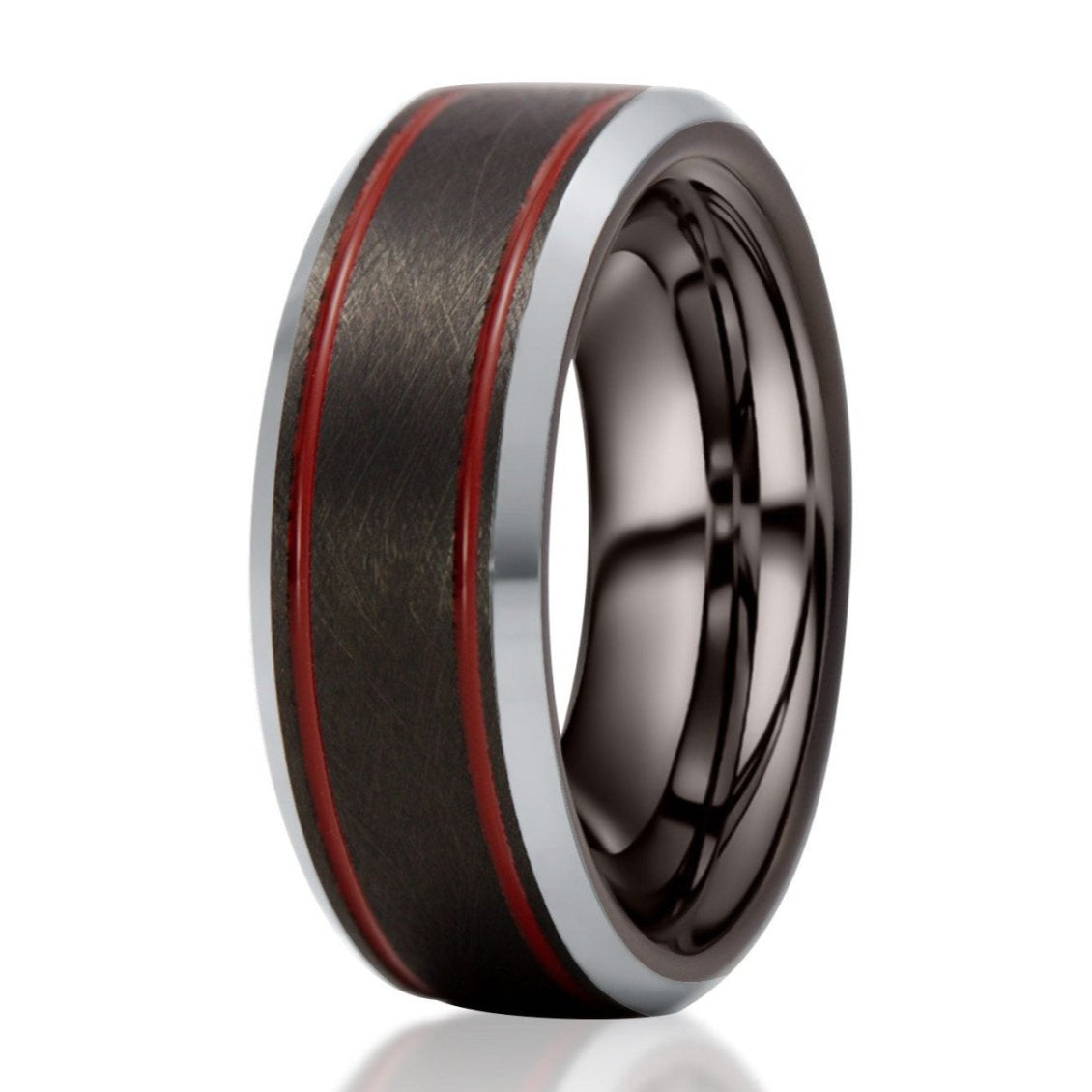 The Crosset, a black and silver tungsten carbide scratch-resistant ring that features a wire brushed black center, sleek, silver polished edges, and red grooves.