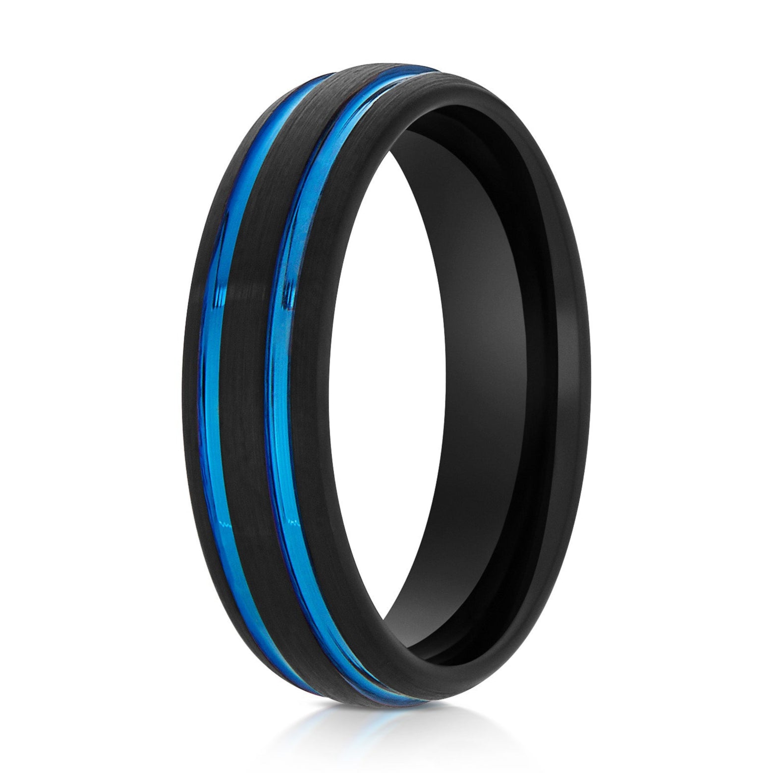 The Cyclone, a 6mm black tungsten ring with a brushed finish and domed design that features 2 blue grooves.