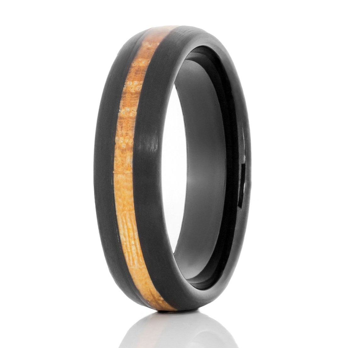 The Daniels, a 6mm black tungsten carbide ring with a brushed finish and polished band and edges that features a whiskey barrel wood inlay in the center.