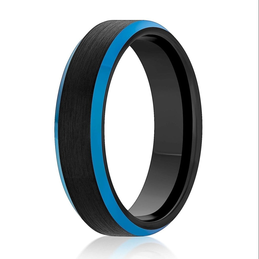 The Declan, a 6mm black and blue tungsten carbide ring that features a black, brushed center and polished blue edges.