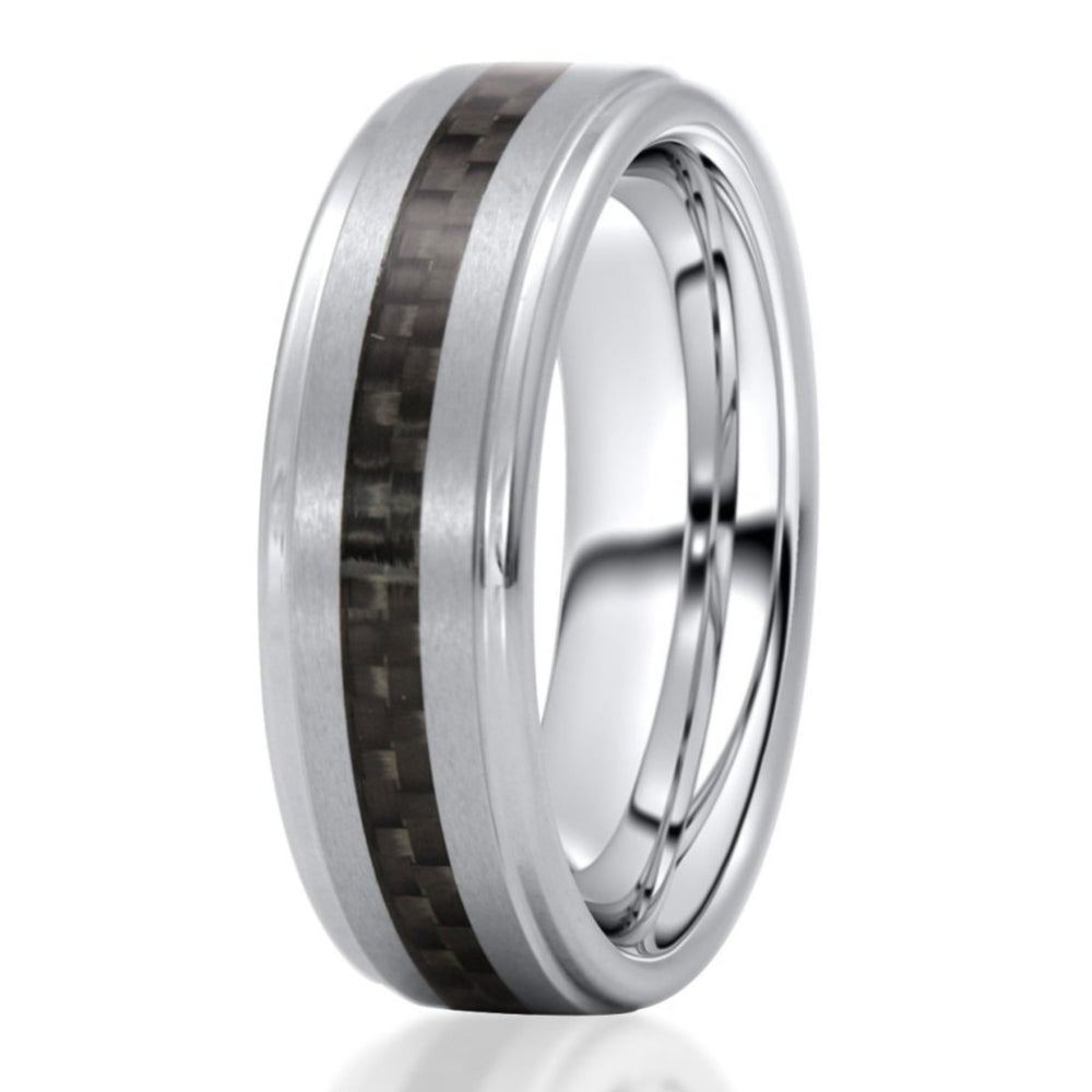 The Detective, a silver tungsten carbide ring with a brushed finish center and beveled polished edges that features a black carbon fiber inlay.