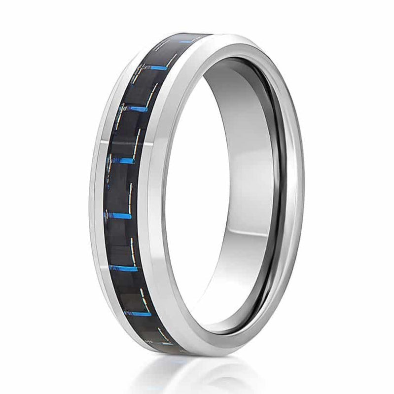 The Diligent, a 6mm scratch-resistant silver tungsten carbide ring that features a sleek, polished finish and a black and blue carbon fiber inlay.