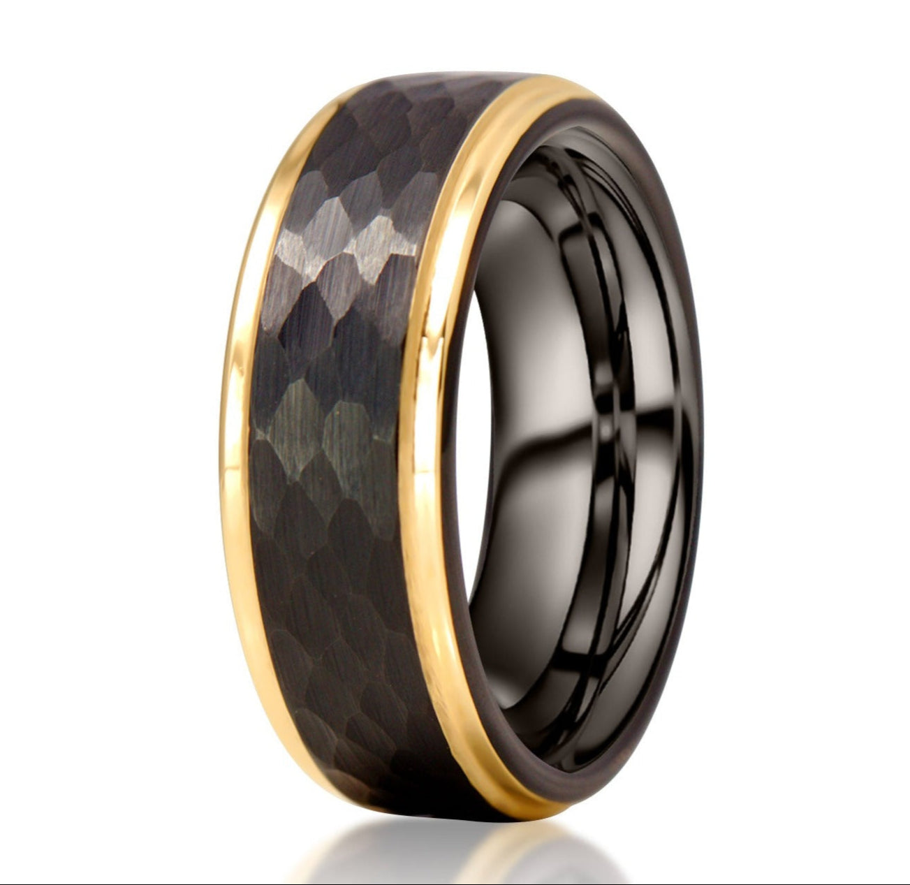 The Distinguished, a black tungsten carbide ring with a hammered and brushed finish with rose gold polished edges.