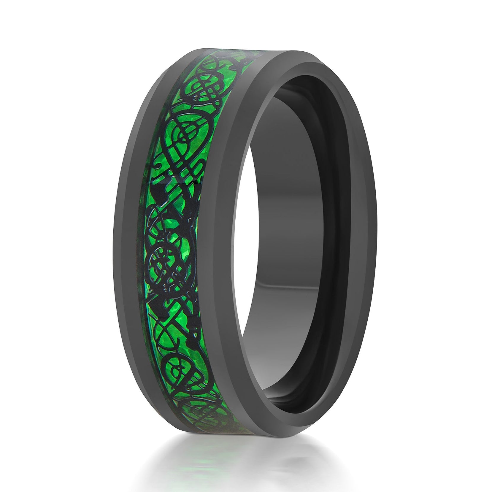 The Drakon, a 8mm black tungsten ring with a polished finish and beveled edges with a green Celtic dragon inlay in the center.