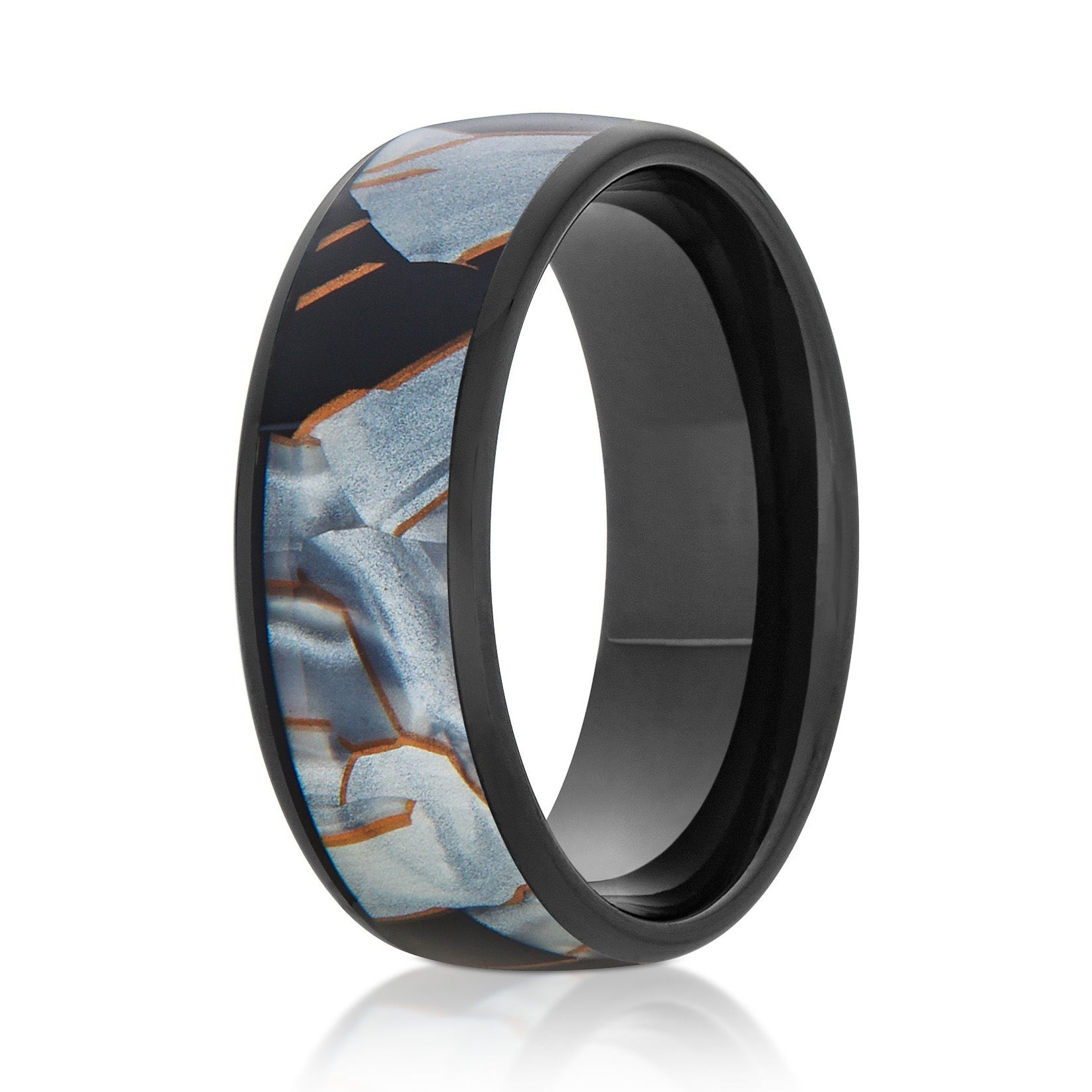 The Dread, a 8mm black tungsten ring with a polished finish and center inlay with capiz, black resin, and gold shavings.
