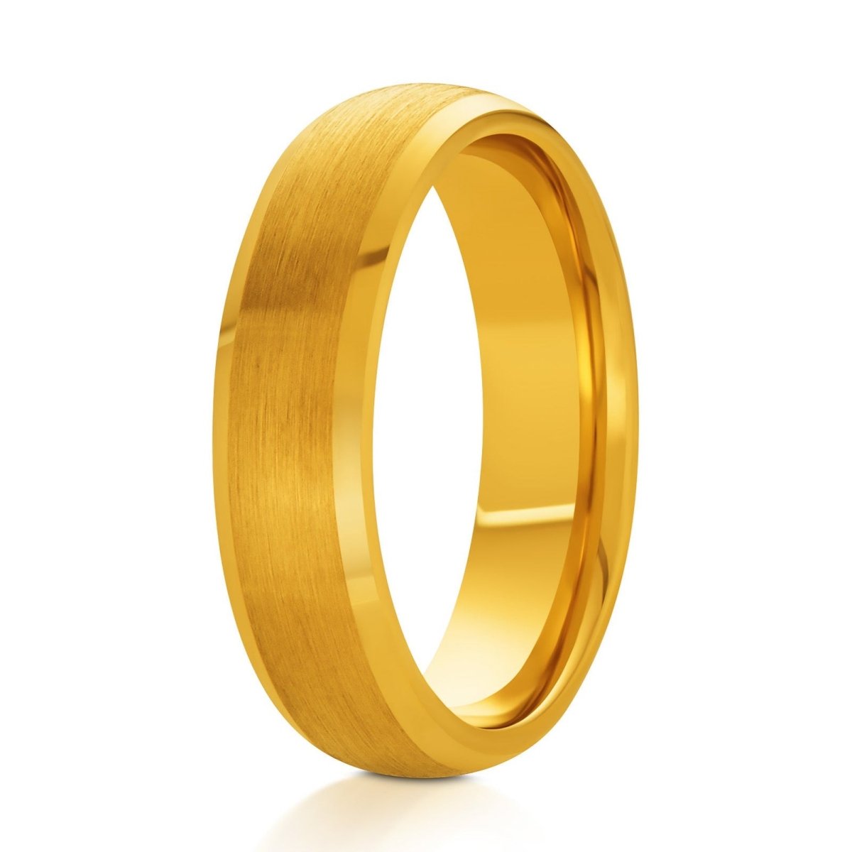 The Dusk, a 6mm gold tungsten ring with a brushed center and polished low beveled edges with a domed style.