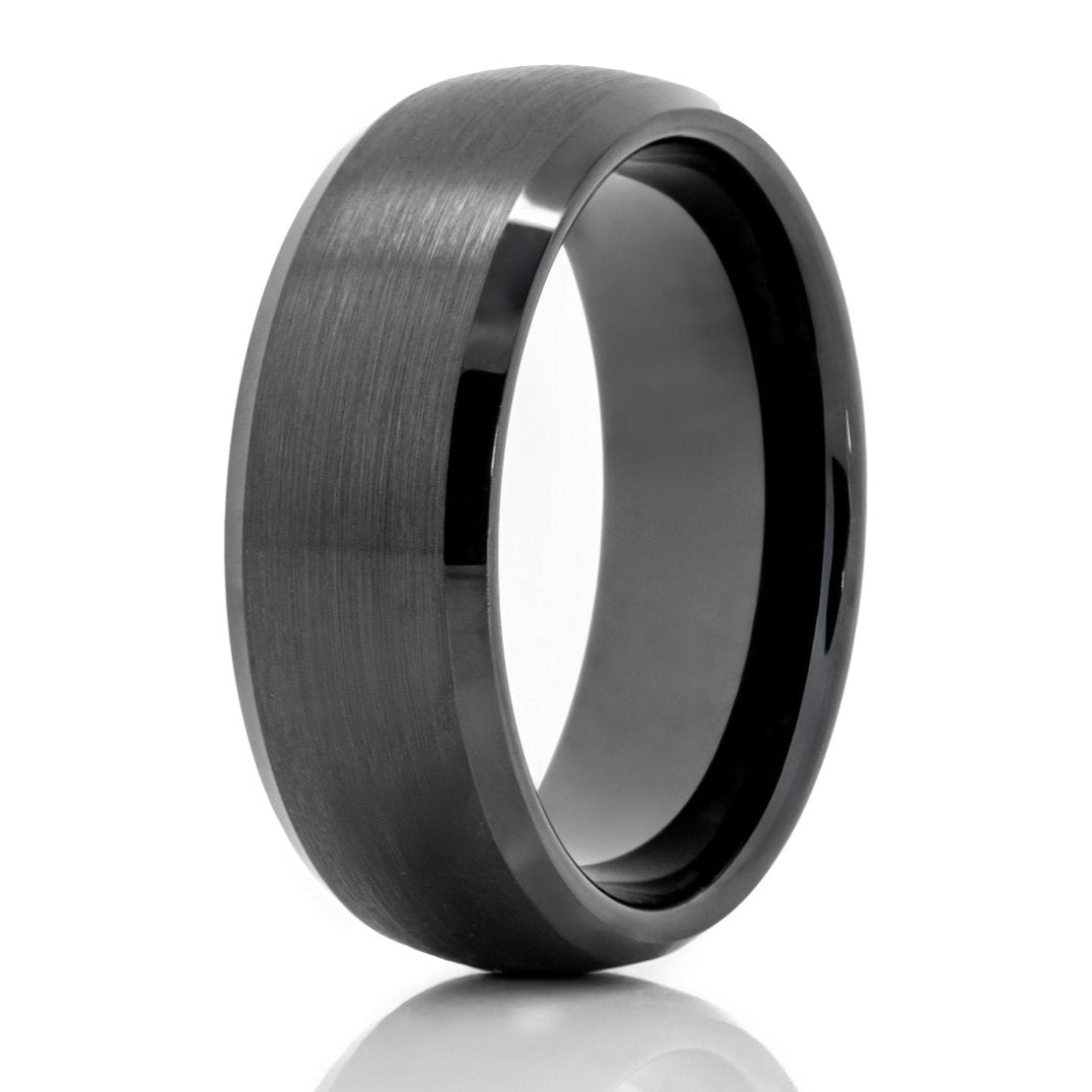 The Eagle Canyon, a black tungsten ring with a brushed center and sleek, polished edges.