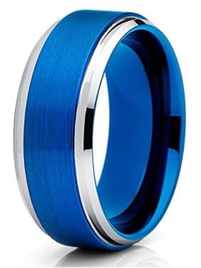 The Earl, a silver tungsten carbide ring with polished edges and a brushed blue center and blue band.