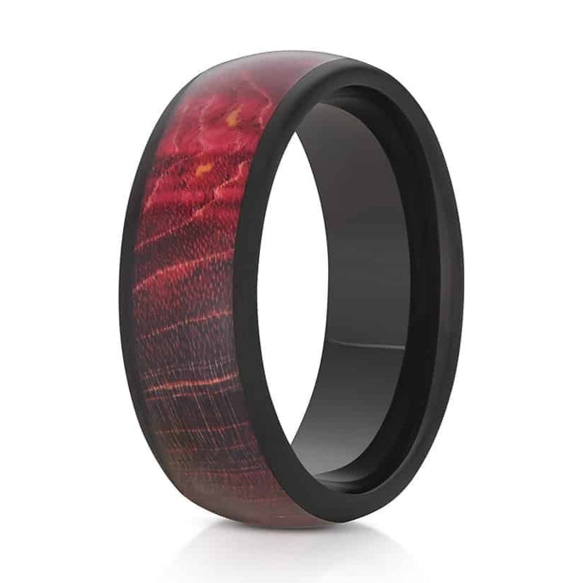 The Earthshine, a 8mm black tungsten carbide ring with a polished finish and red burl wood inlay.