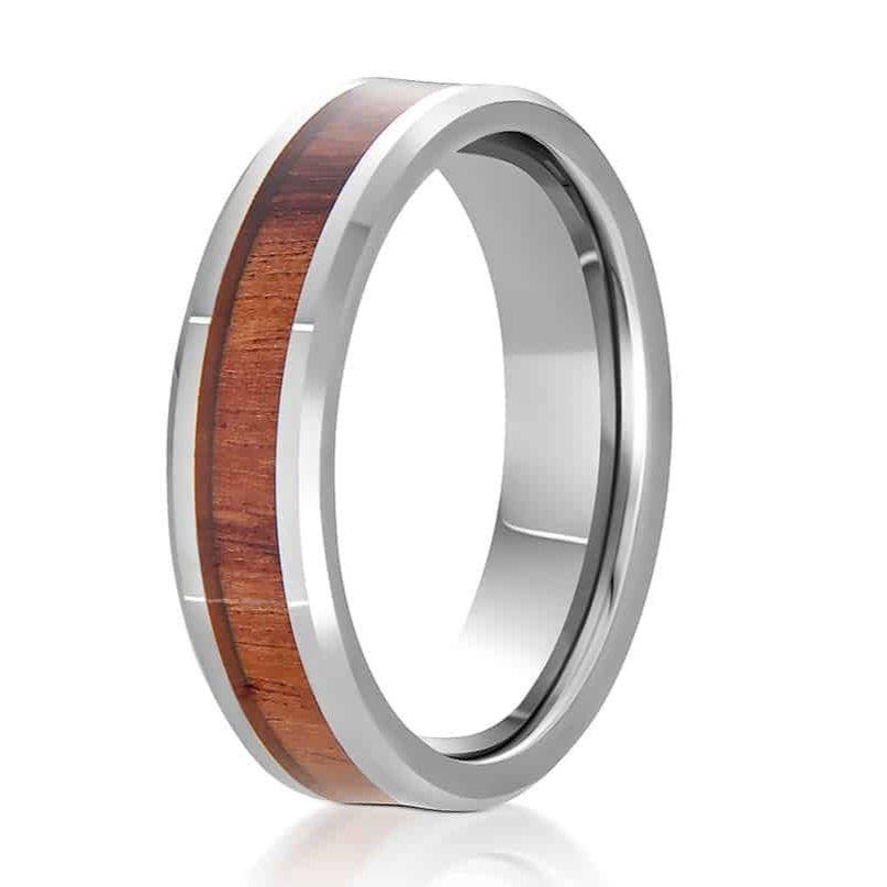 The Eason, a 6mm silver tungsten carbide scratch-resistant ring that features a sleek, polished finish and a mahogany wood inlay.