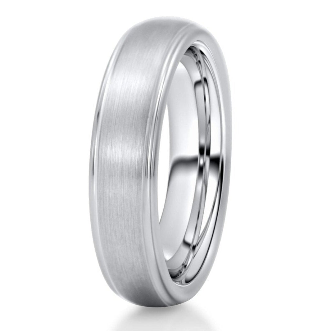The Eisenhower, a silver tungsten carbide wedding band that features a brushed finish with polished beveled edges.