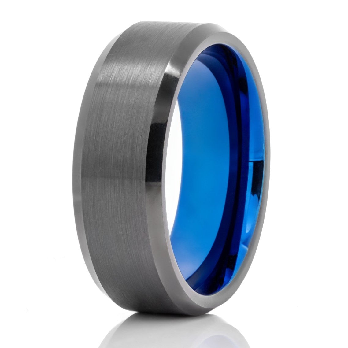 The Elbrus, a black tungsten carbide ring with a brushed center and polished edges and a polished blue band.