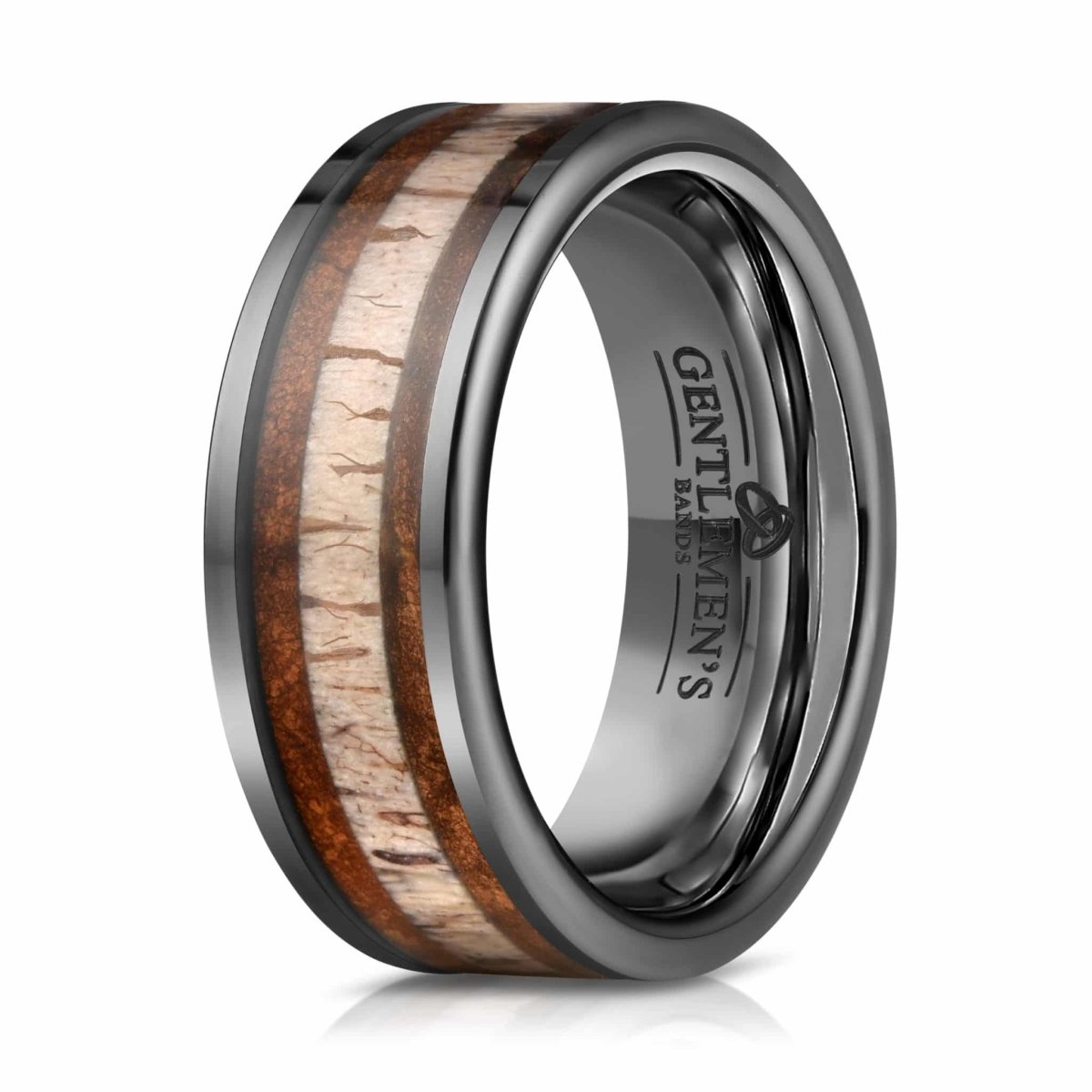 The Elkwood, a bold and unique mens wedding band that features a deer antler inlay as well as the Hawaiian Koa wood inlay. It's sleek polished finish gives this ring a great look.