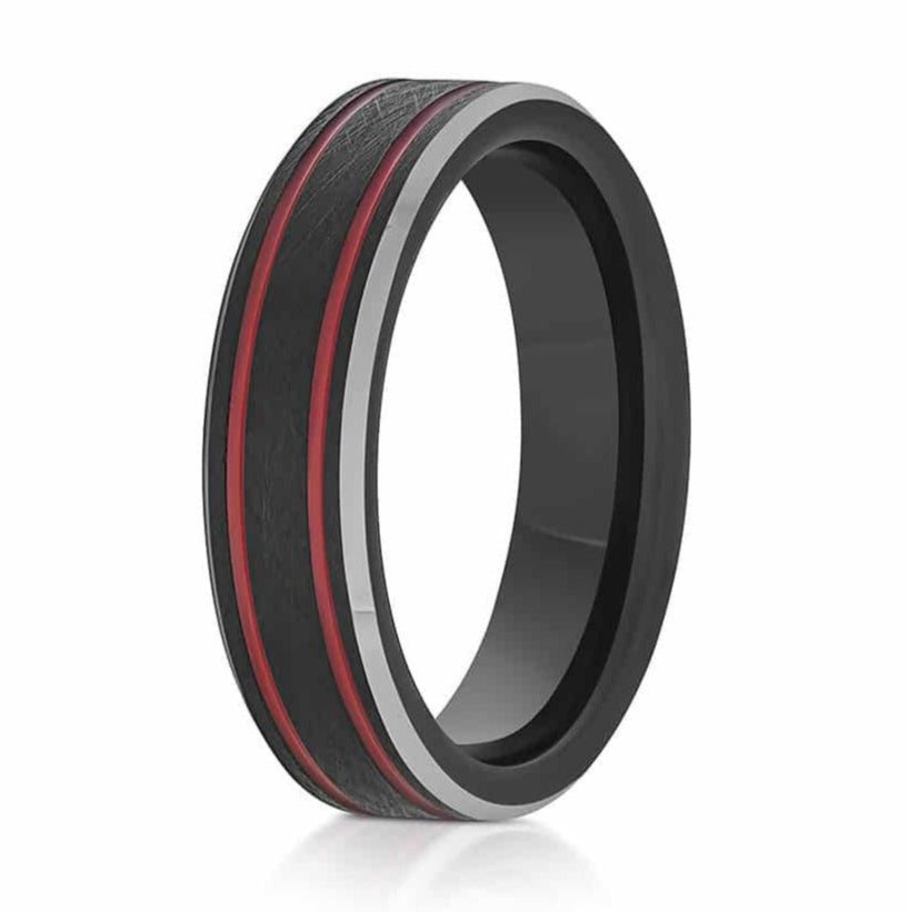 The Emory, a 6mm black tungsten carbide ring with a wire brushed finish, polished silver edges, and red grooves.