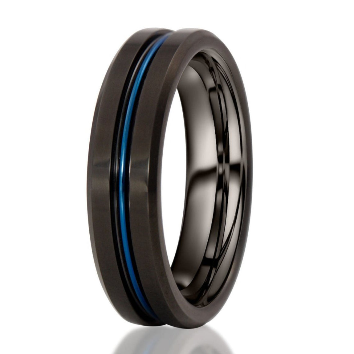 The Enforcer, a 6mm black tungsten carbide scratch-resistant ring with a sleek, polished finish and a bold blue grooved center.