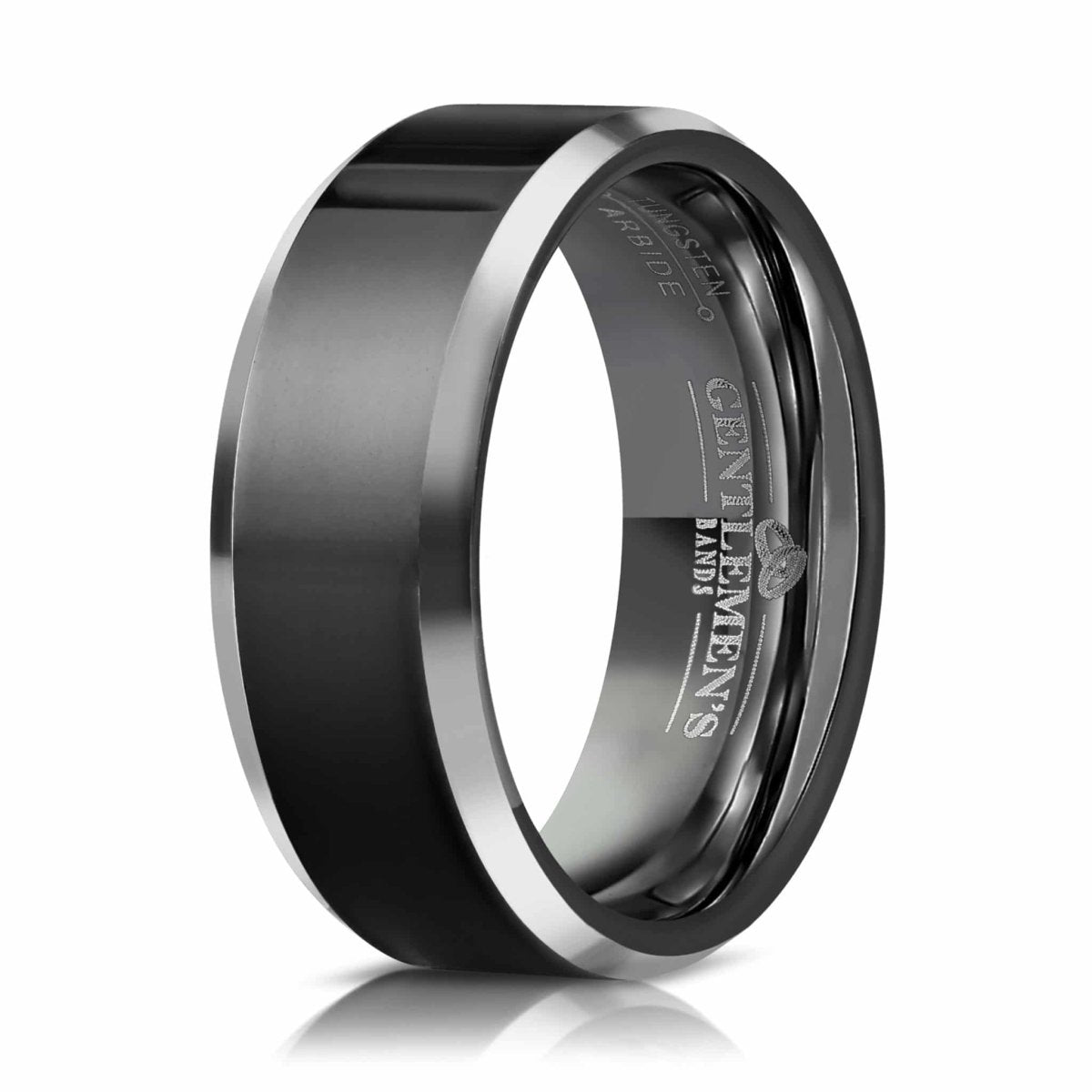 The Engineer, a sleek black wedding band that features a polished finish and silver edge.