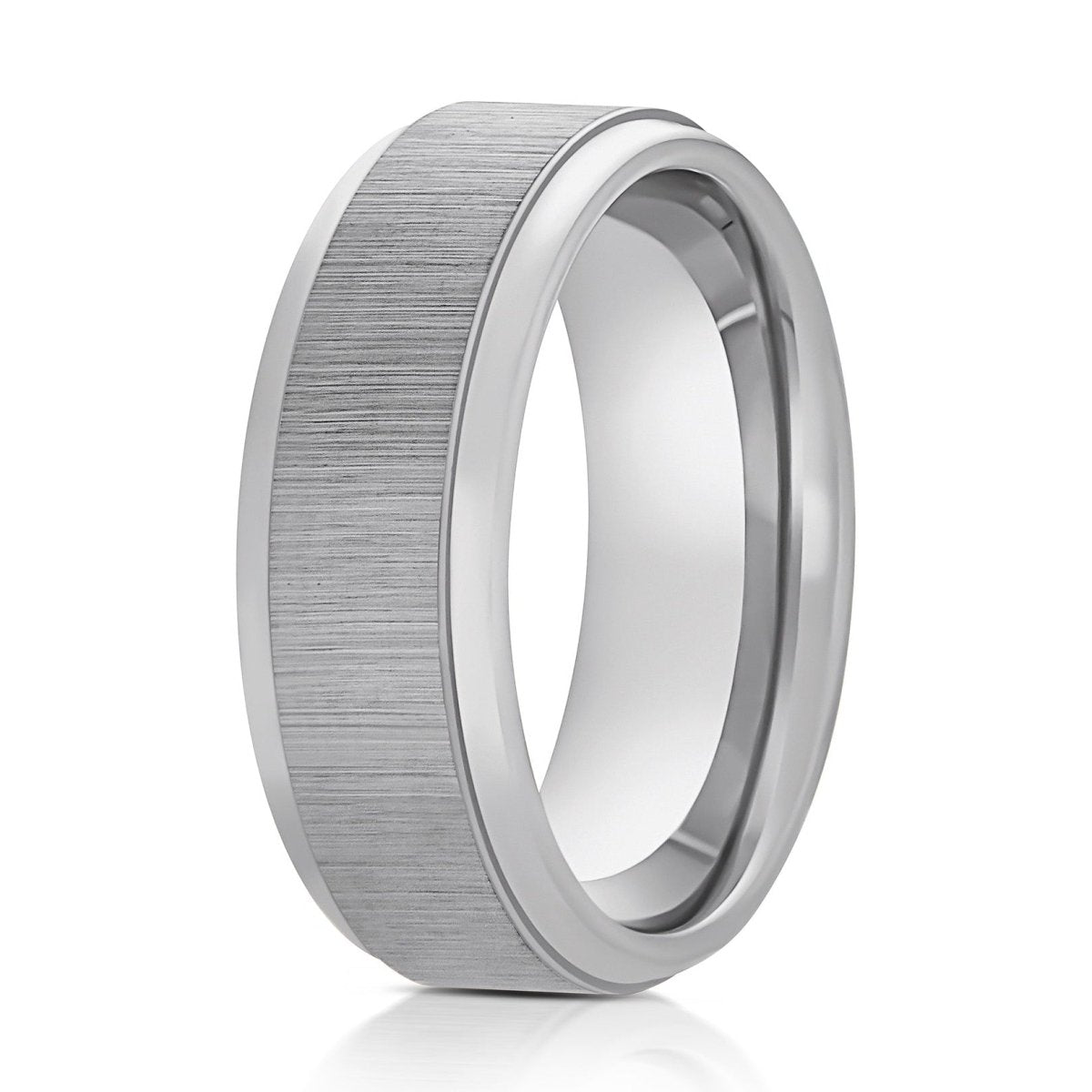 The Entourage, a 8mm silver tungsten ring with a reflective grain finished center with polished stepped edges.