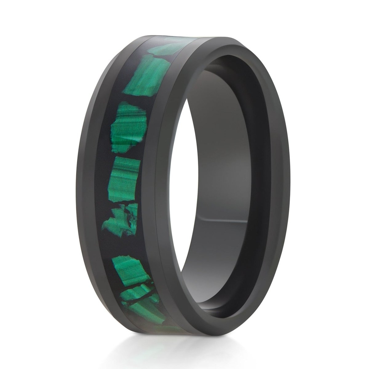 The Envy, a black tungsten ring with a polished finish and green malachite fragment inlay in the center.