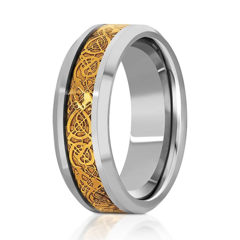 The Eternal, a silver tungsten carbide ring with a polished finish that features a golden celtic cut inlay.