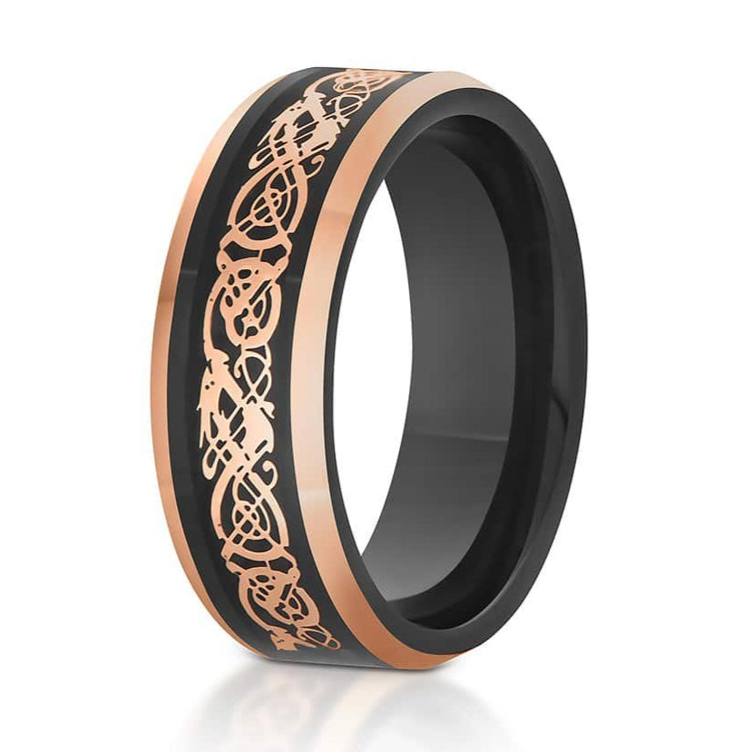 The Everglade, a black and rose gold tungsten carbide ring that features a polished finish and rose gold Celtic inlay.