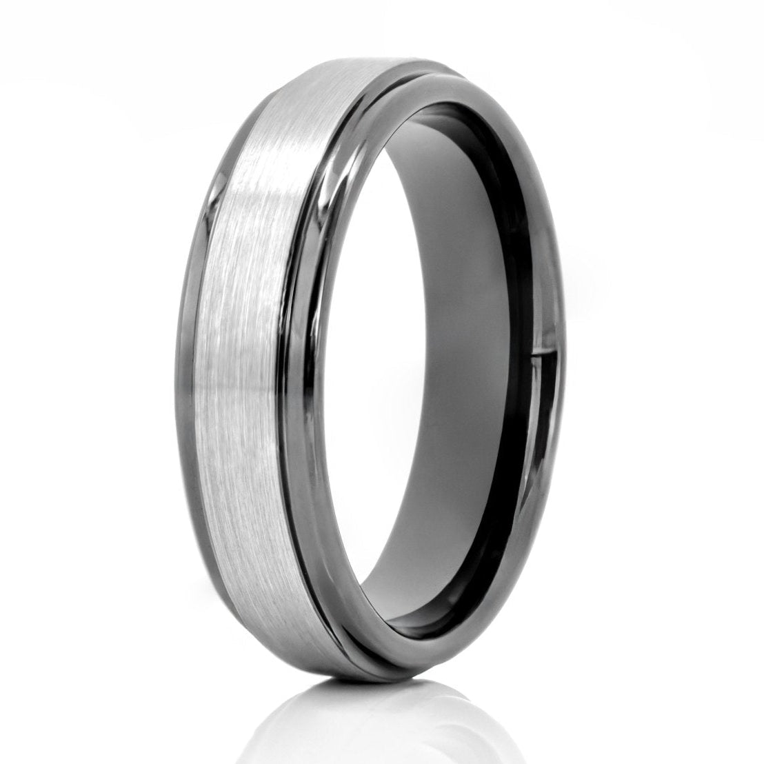 The Evros, a silver and black tungsten ring that features a brushed center and sleek, polished edges.