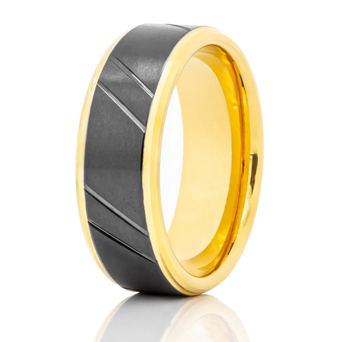 The Faroe, a 8mm black and gold tungsten carbide scratch-resistant ring that features a brushed and grooved black center with a polished gold band.