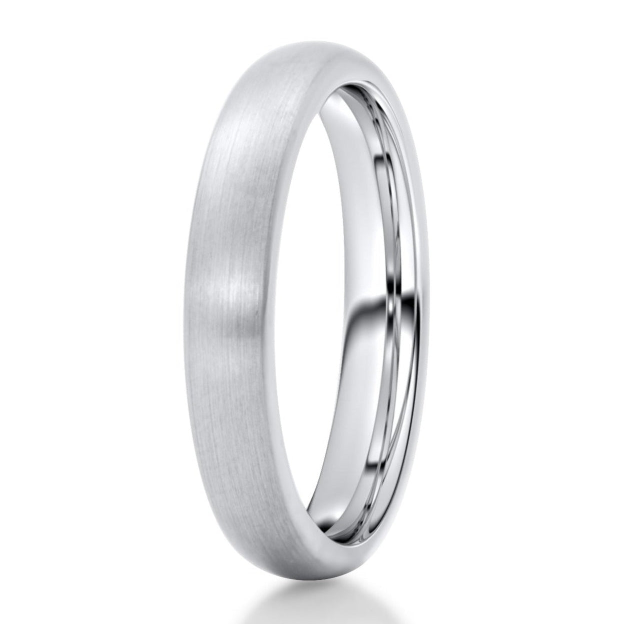 Silver tungsten 4mm carbide ring with a brushed finished and polished edges on a white background. Ring is scratch resistant and perfect for a wedding ring or gift.
