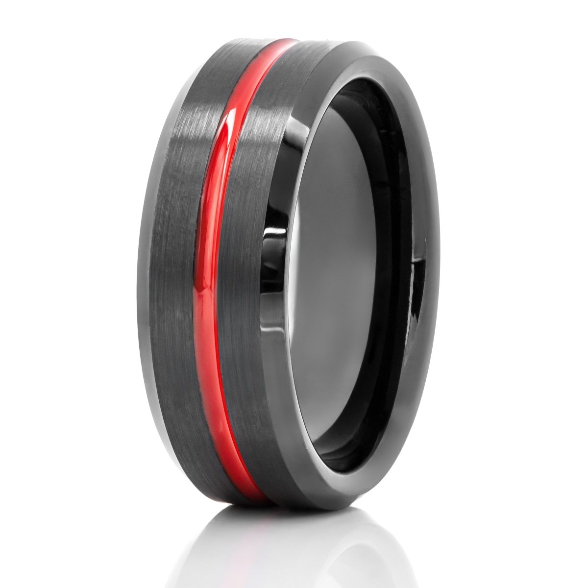 The Fireman, a black tungsten ring with a brushed center and polished edges with a red center groove.