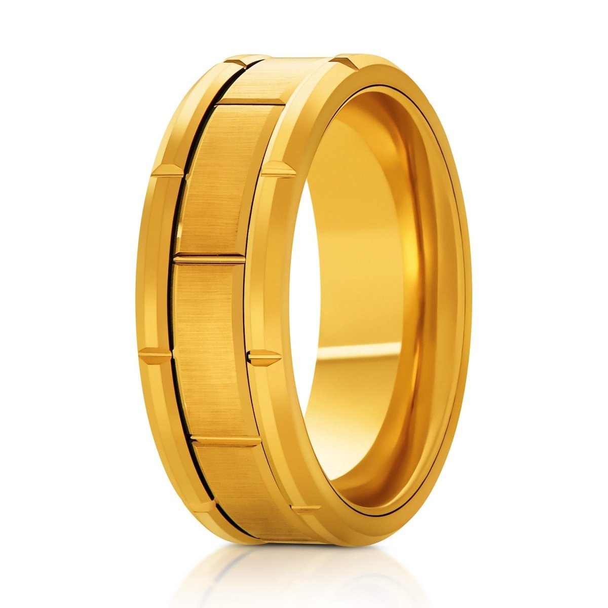 The Fortress, a 8mm gold tungsten ring with a brick pattern design and polished beveled edges.