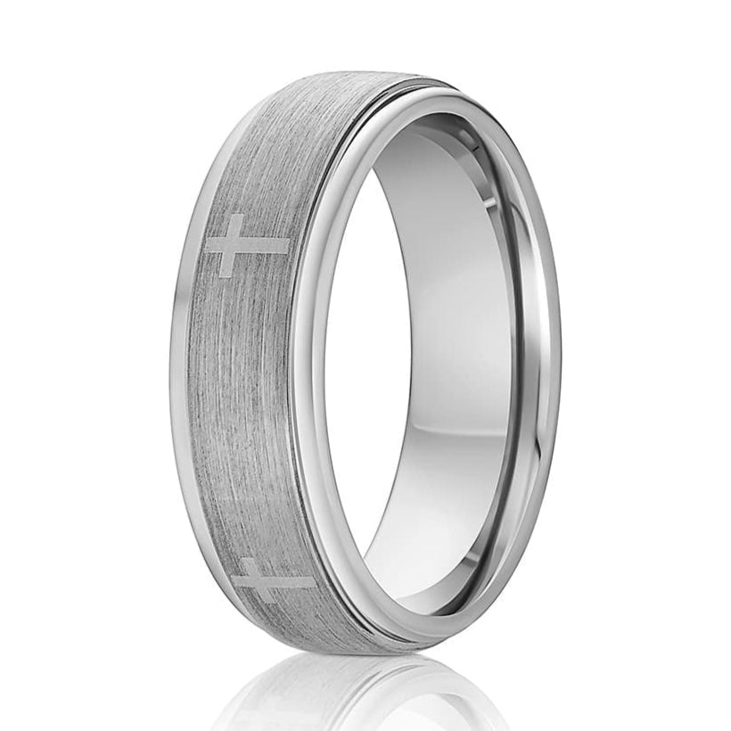 The Free Spirit, a silver tungsten carbide wedding band that features a brushed finish with laser engraved crosses.