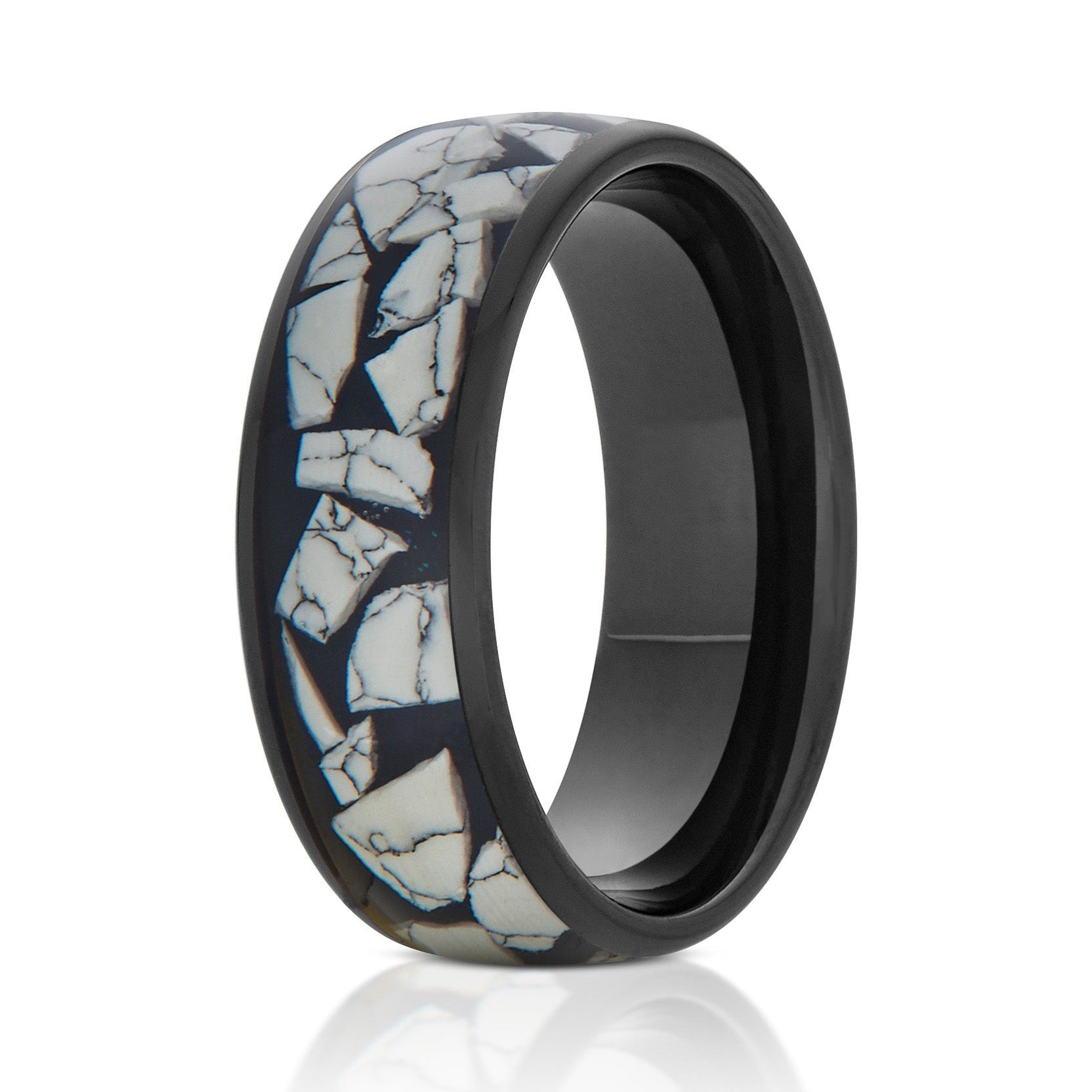 The Frost, a 8mm black tungsten ring with a polished finish and an inlay in the center that features white turquoise fragments.
