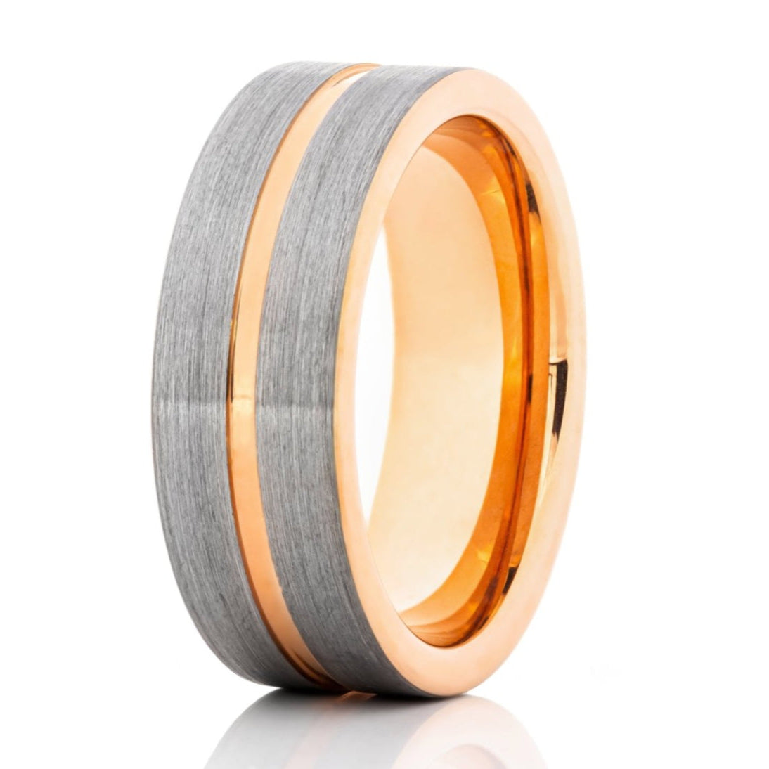The Gabriel, a  8mm rose gold and silver tungsten ring that features a silver brushed center and a polished rose gold band and center groove.