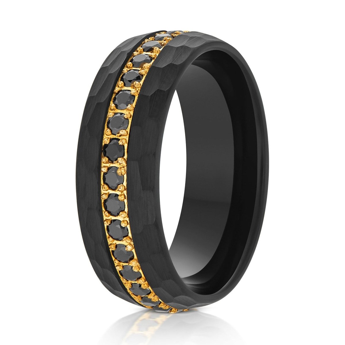 The Garrison, a 8mm black tungsten ring with a hammered and brushed finish with black CZ diamonds set on gold prongs.