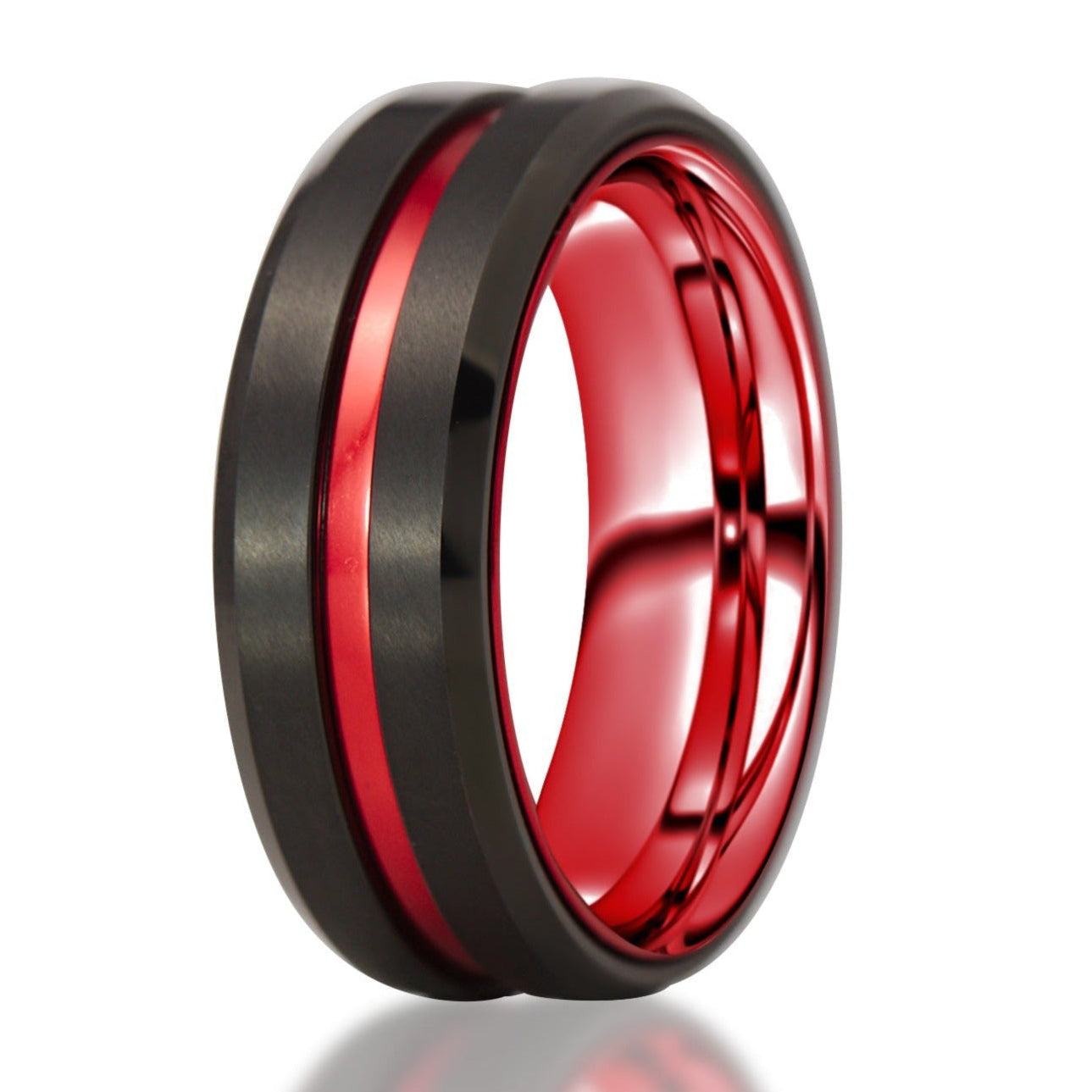 The Gauge, a black tungsten carbide ring with a brushed center and polished edges that features a red, grooved center and aluminum sleeve.