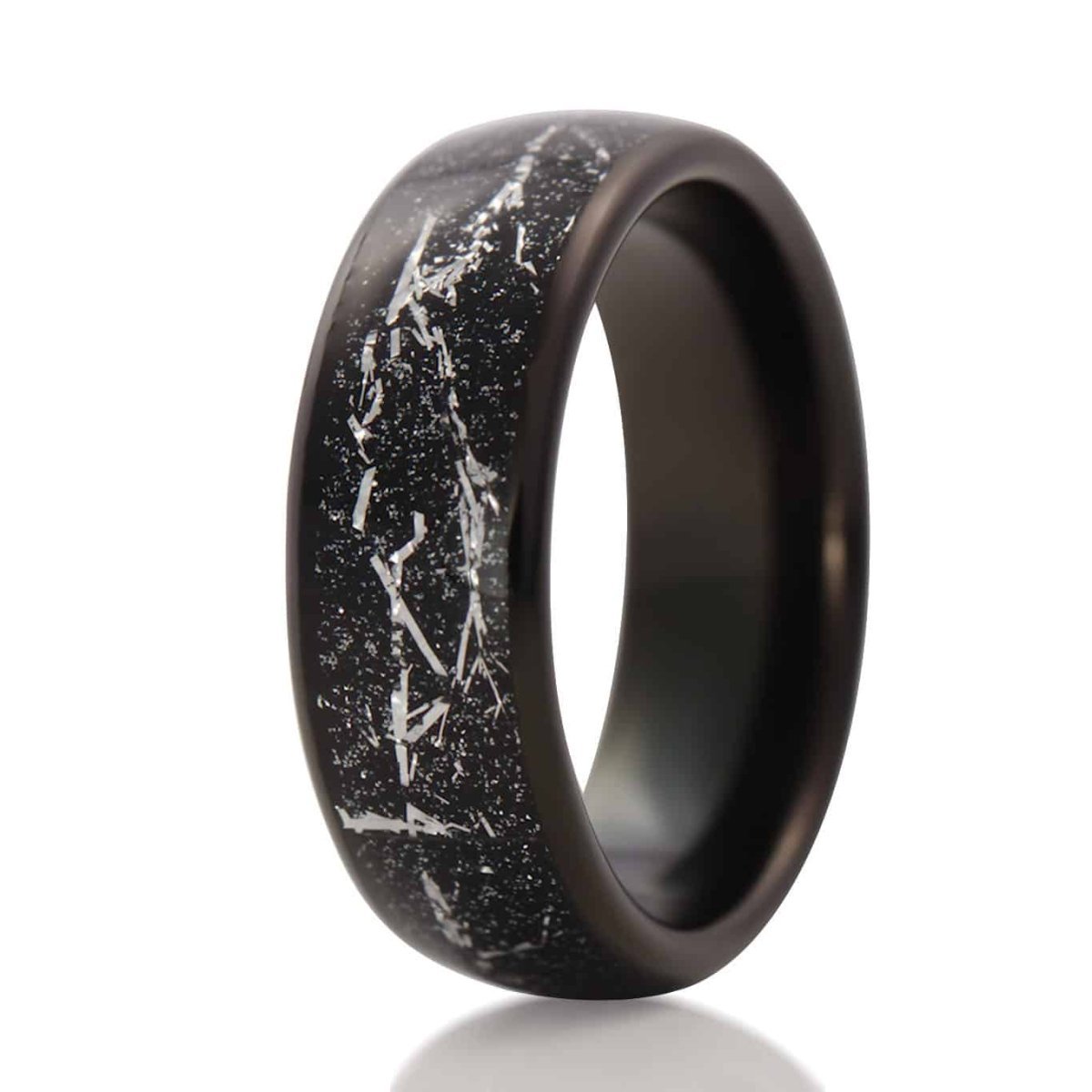 The Gauley, a 8mm black tungsten carbide ring that features a polished finish and a black and silver meteorite inlay.