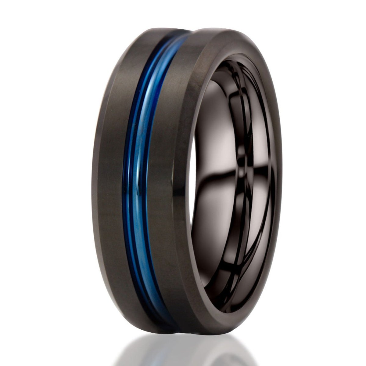 The Gibeon, a black tungsten carbide scratch-resistant ring with a polished finish and blue grooved center.