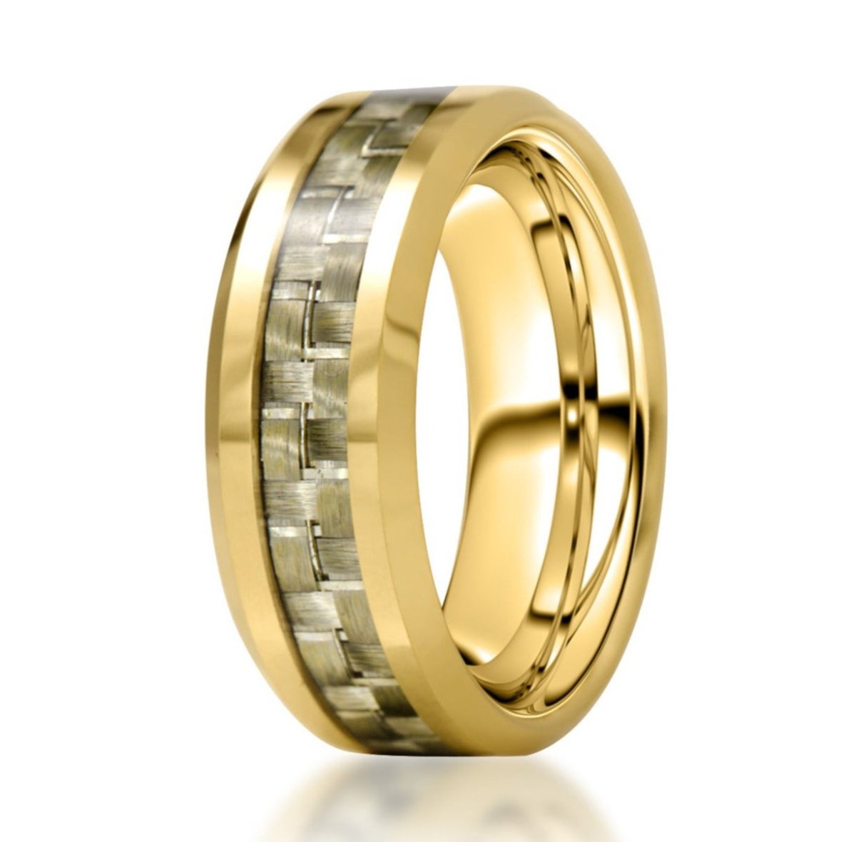 The Gilded, a gold tungsten carbide ring with a sleek, polished finish and gold carbon fiber inlay.