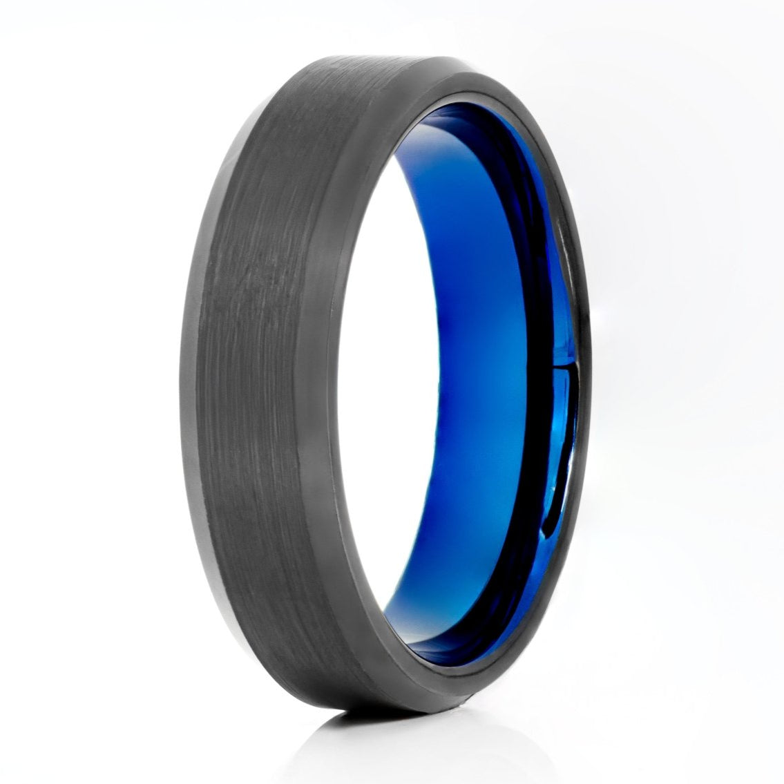 The Glacier, a 6mm black tungsten carbide ring with a brushed center and polished edges, and a blue polished band.