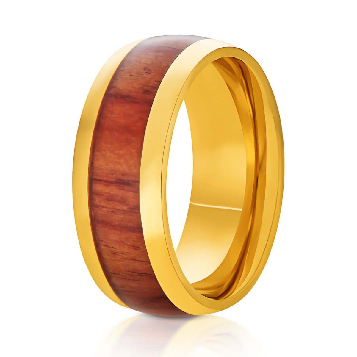 The Golden Isle, a 9mm gold titanium ring with a polished finish and Hawaiian Koa wood inlay.