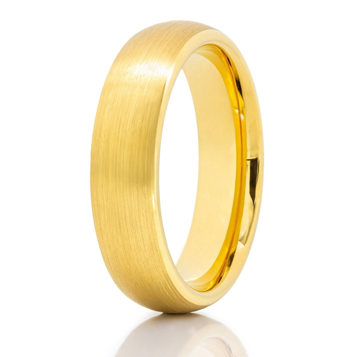 The Golden Stag, a gold tungsten carbide ring with a brushed finish and a classic domed shape.