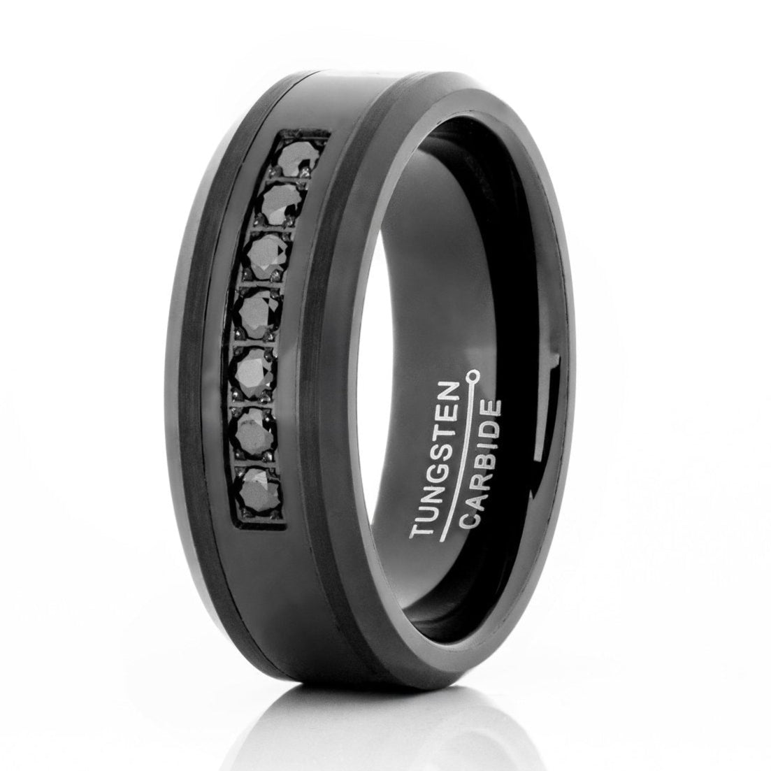 The Great Barrier, a black tungsten carbide ring that features a polished finish and 7 black cz diamonds.
