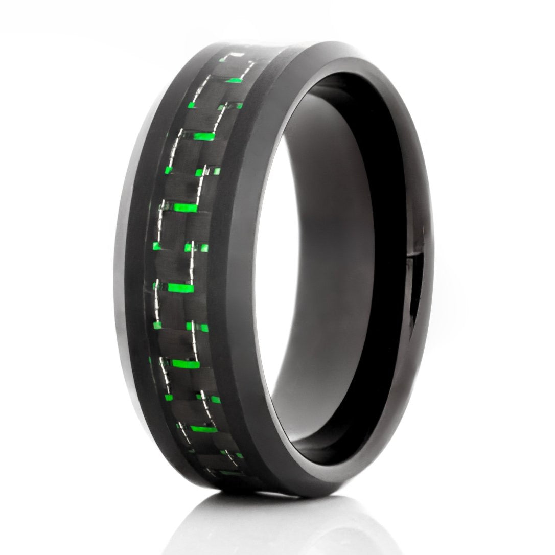 The Green Hornet, a black tungsten carbide scratch-resistant ring that features a polished finish and black and green carbon fiber inlay.