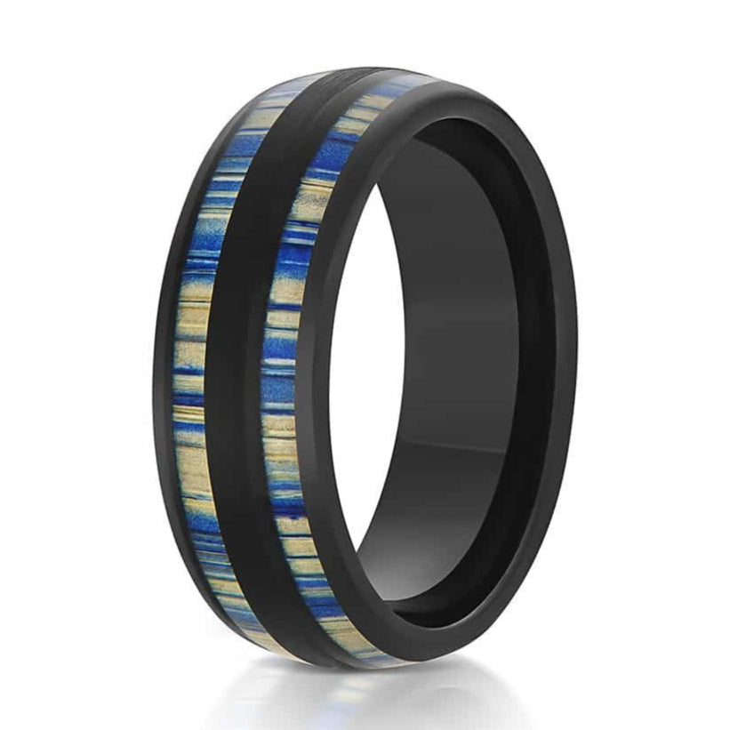 The Grove, a 8mm black tungsten ring with a polished finish that features a double dyed bamboo inlay.