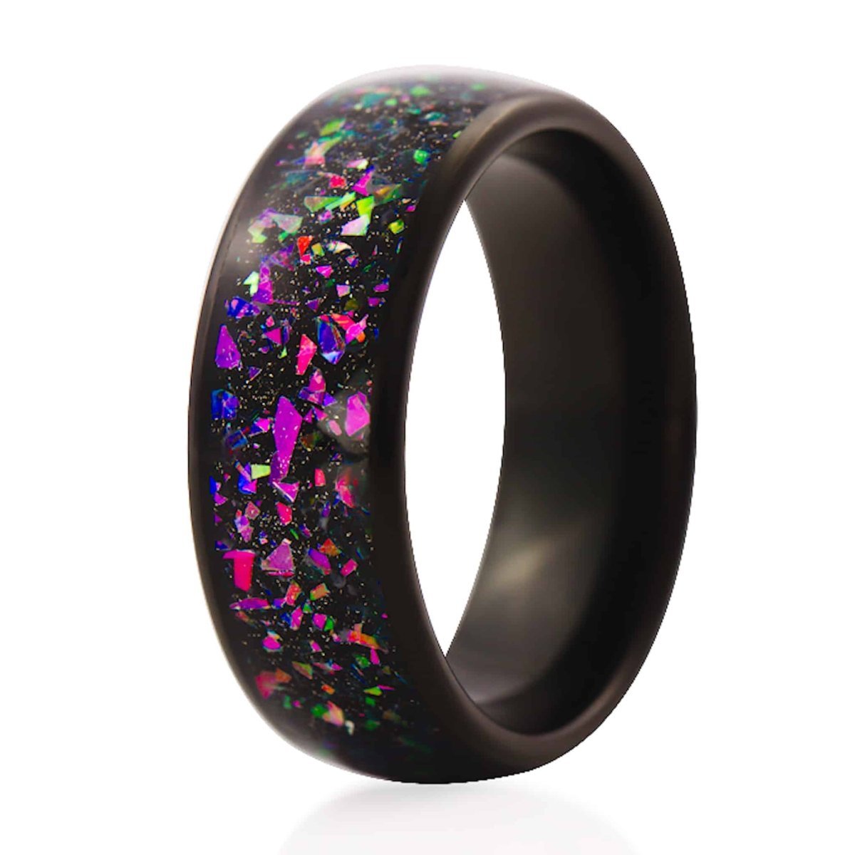The Halley, a black tungsten ring with a polished finish and beautiful multi colored opal and abalone fragments inlay.