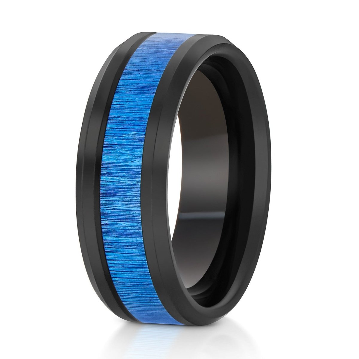 The Halo, a 8mm black tungsten ring with a polished finish that features a blue bamboo grain inlay in the center.