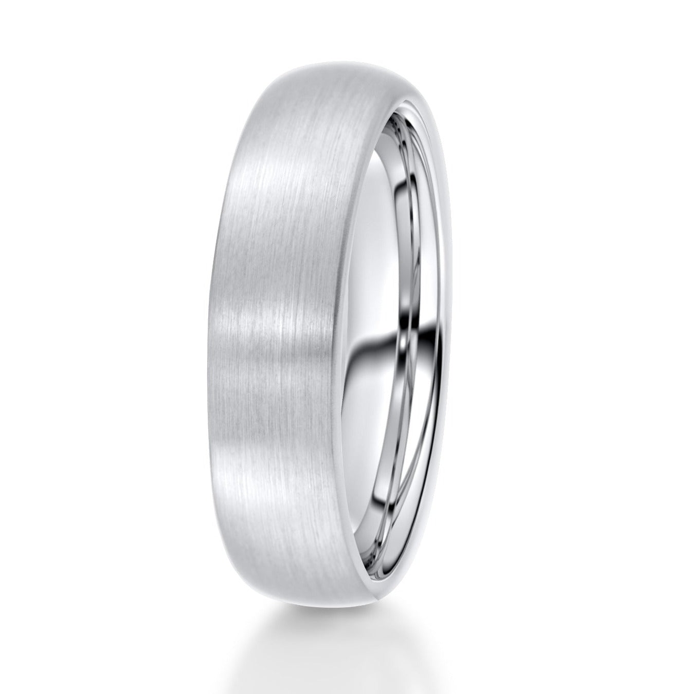 A brushed silver men's wedding ring with a comfort fit inner shape, made of Tungsten Carbide.