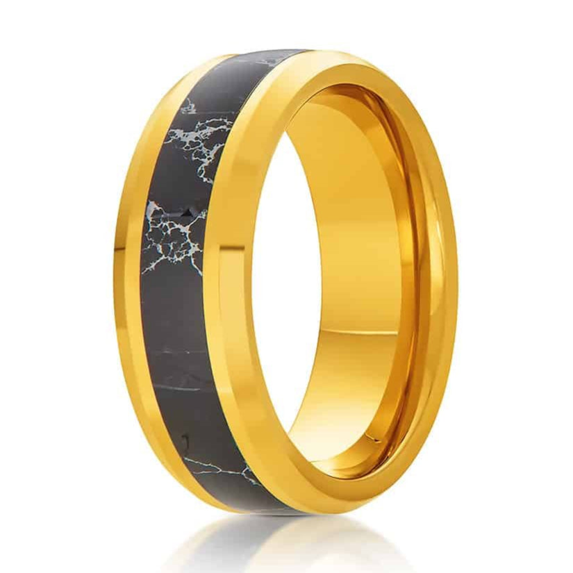 The Harper, a 8mm gold tungsten carbide ring with a polished finish and a black turquoise center inlay.