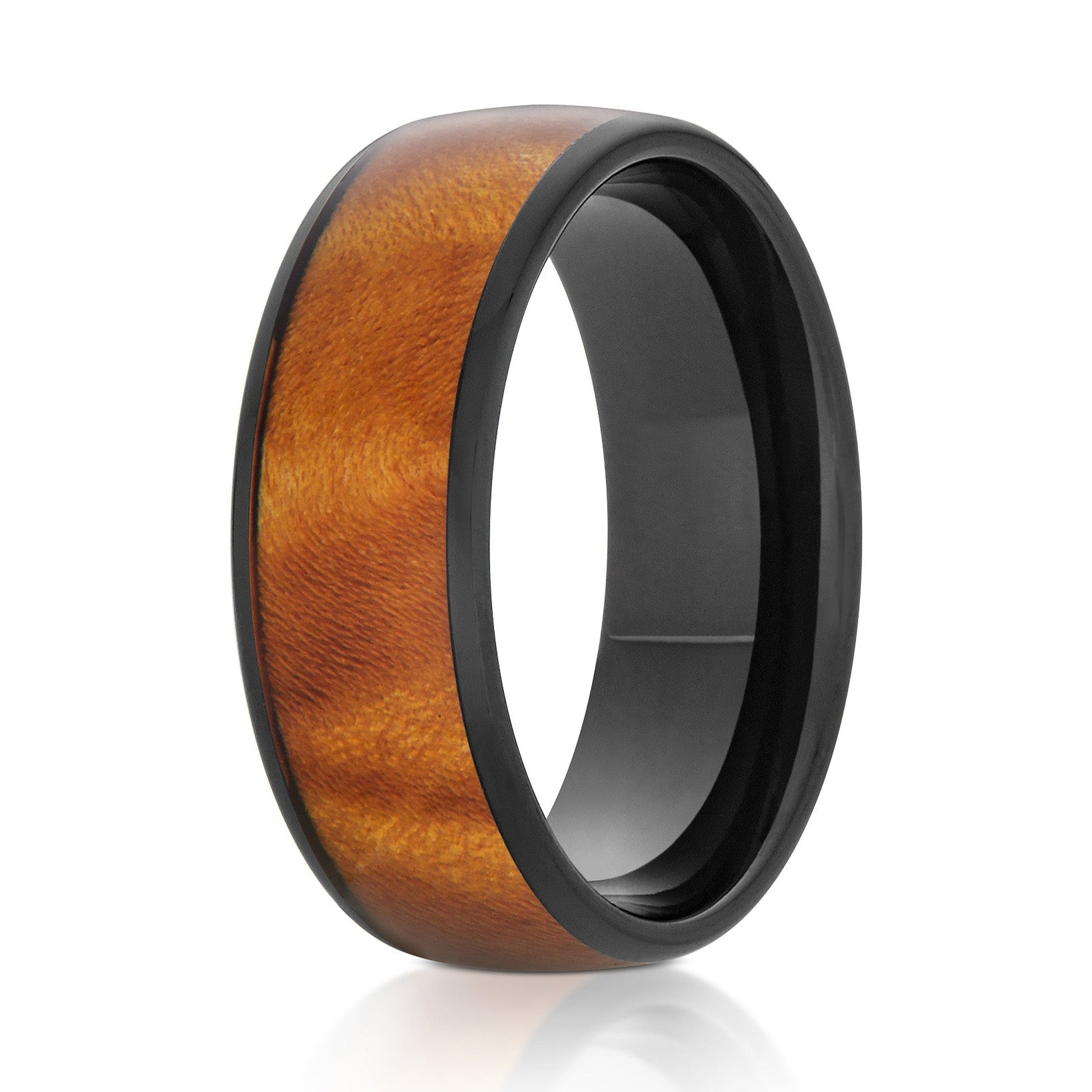The Hearth, a 8mm black tungsten ring with a polished finish and a stained wood inlay in the center.