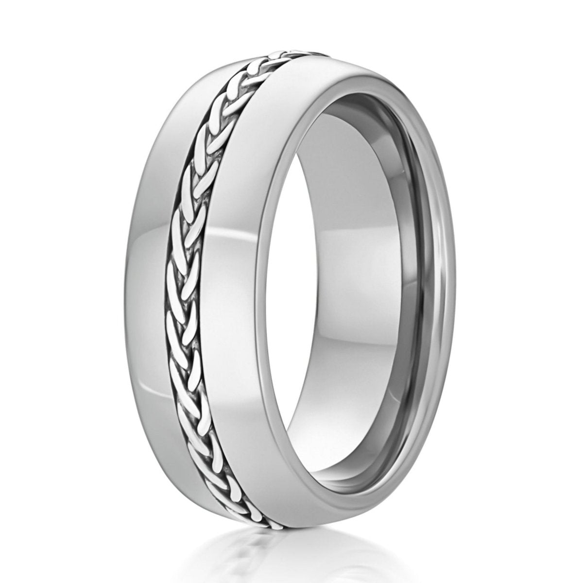 The Helix, a 8mm silver tungsten ring with a polished finish that features a braided sterling silver insert in the center.
