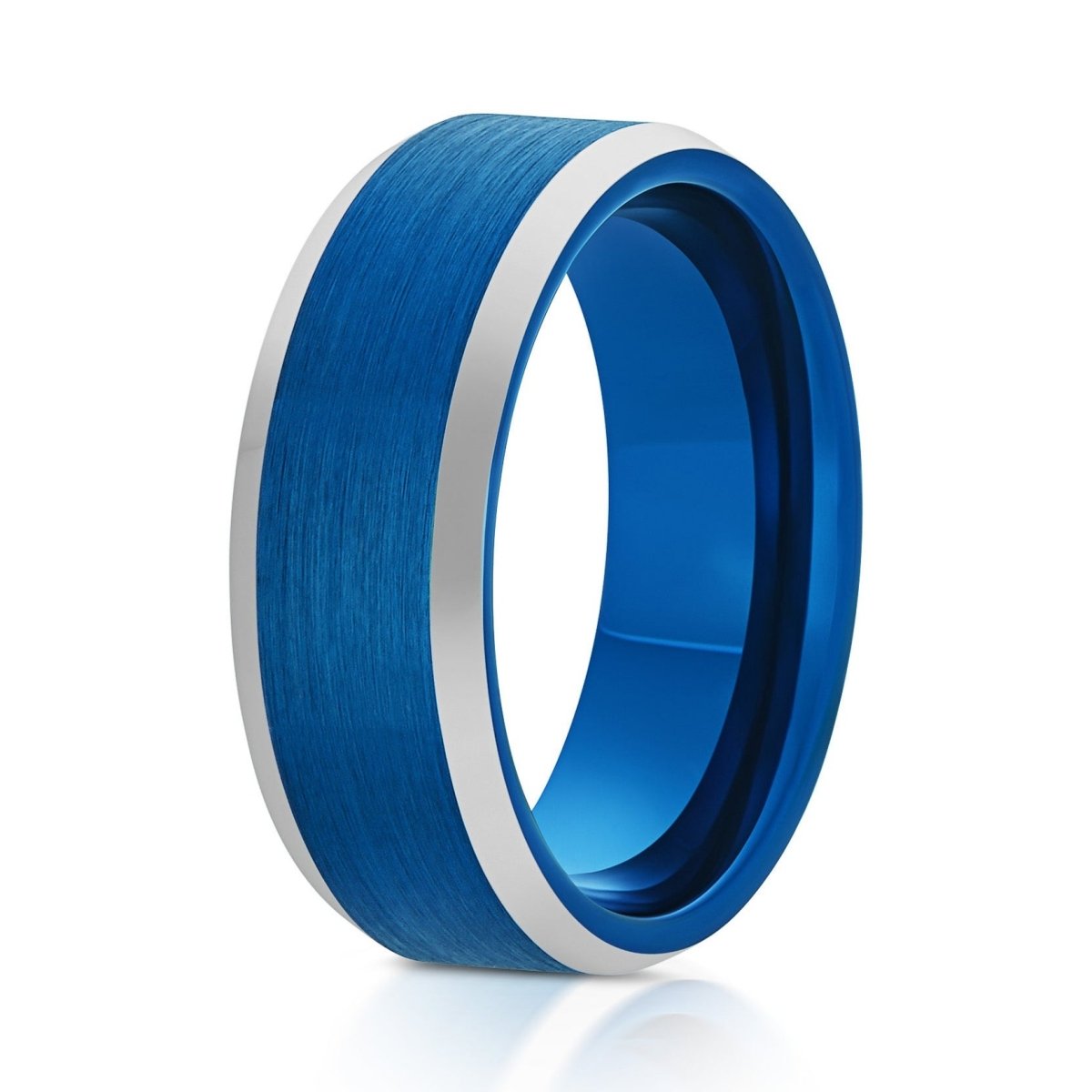 The Horizon, a 8mm blue tungsten carbide scratch resistant ring with a brushed finish and polished silver edges.